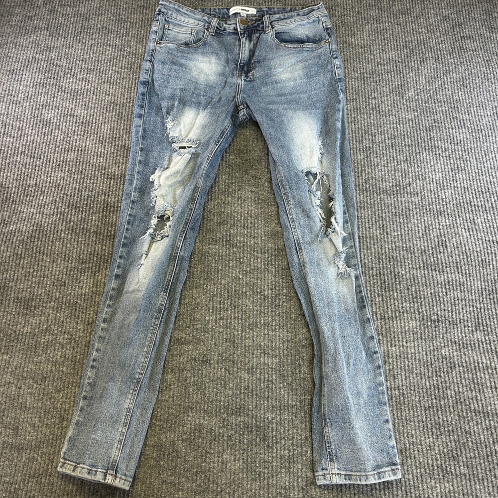 Fashion Nova Men Distressed Skinny Jeans Light Wash Blue Ripped KN12096 Size 32